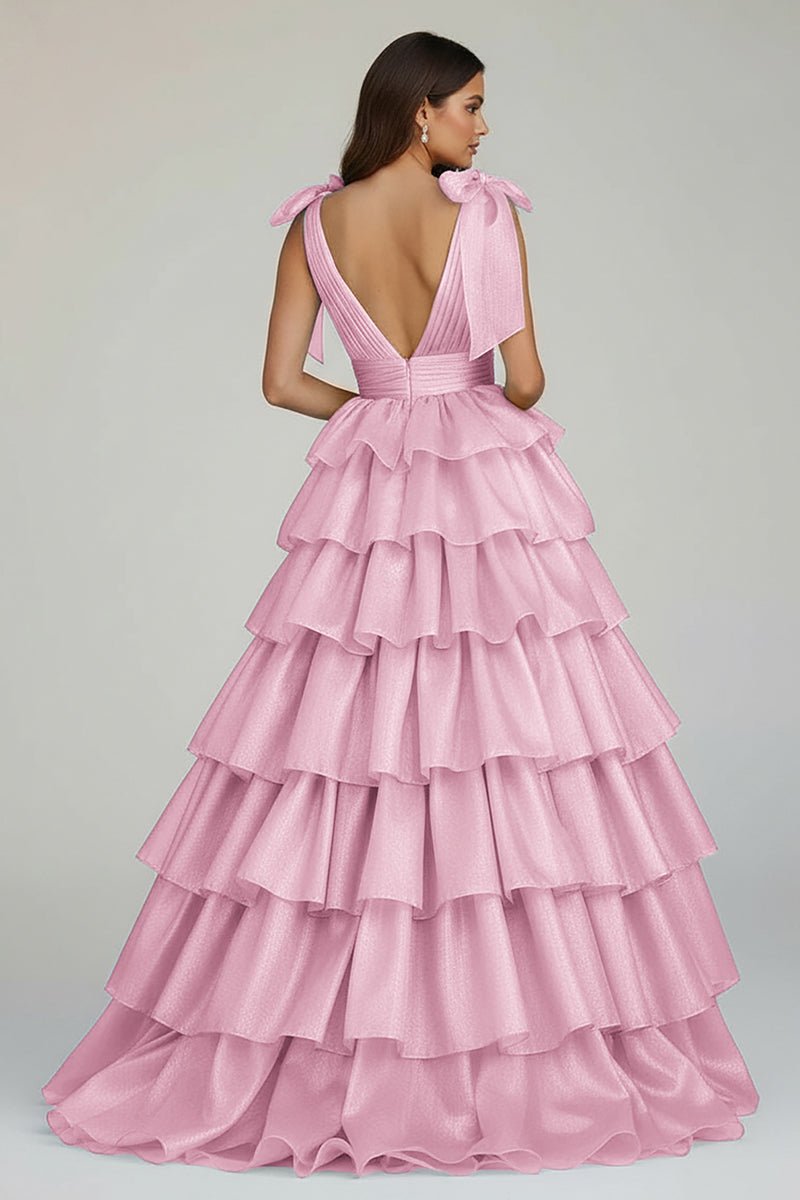 August | Glitter Tie Straps Pink Plunging Neck Tiered Long Prom Dress