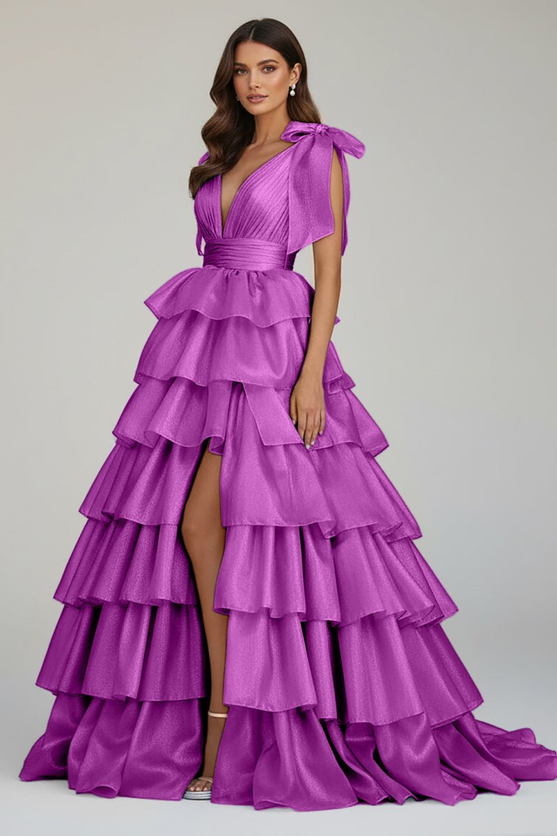 August | Glitter Tie Straps Pink Plunging Neck Tiered Long Prom Dress