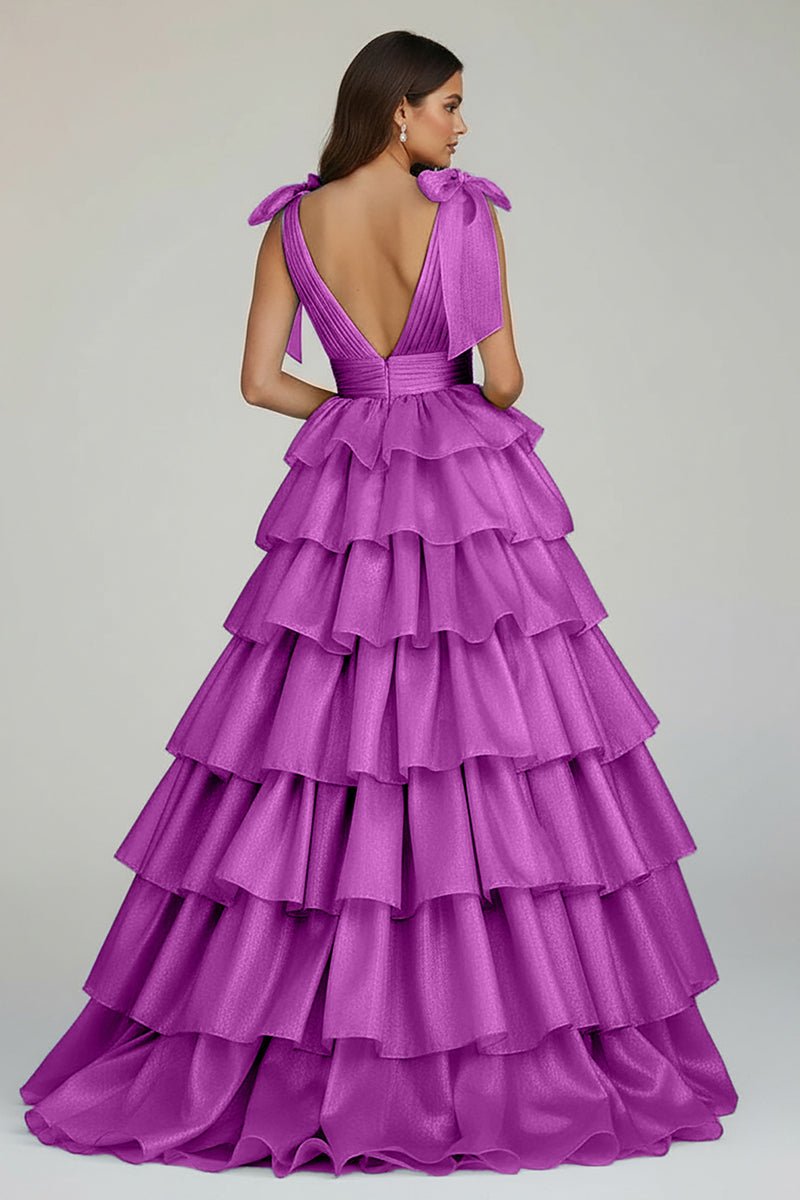 August | Glitter Tie Straps Pink Plunging Neck Tiered Long Prom Dress