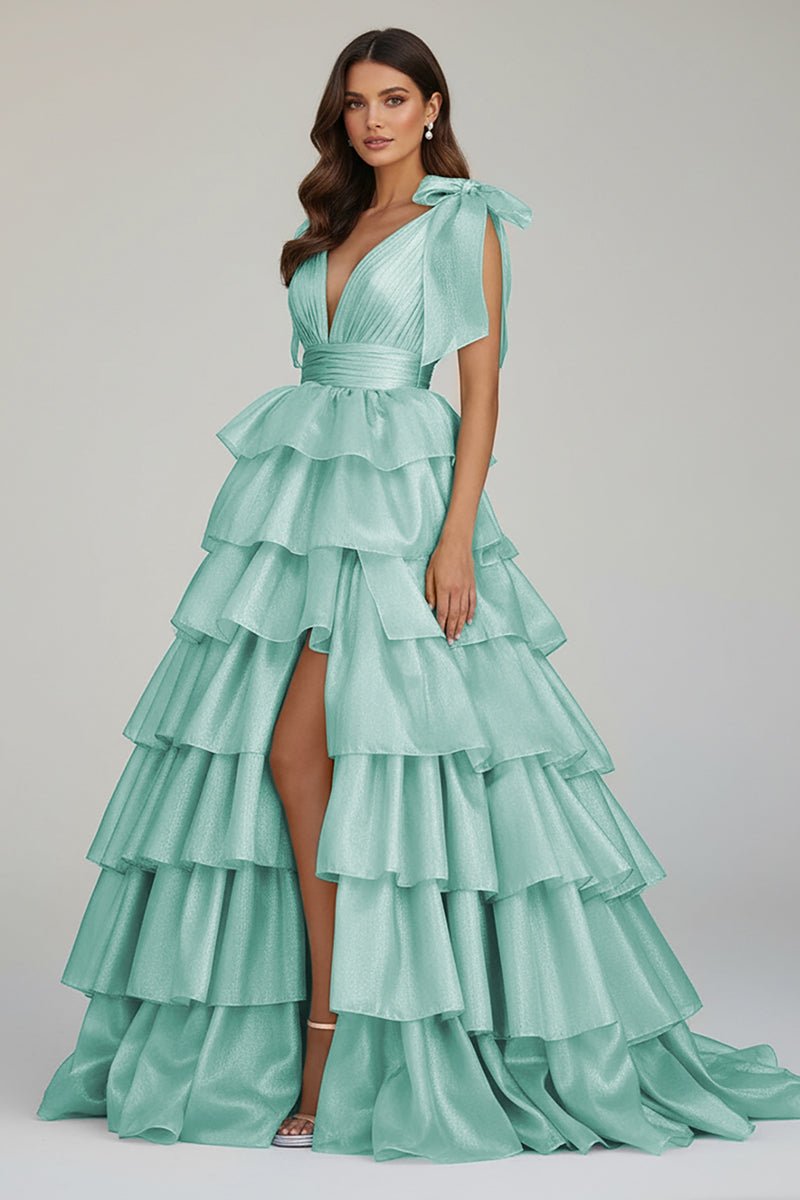 August | Glitter Tie Straps Pink Plunging Neck Tiered Long Prom Dress