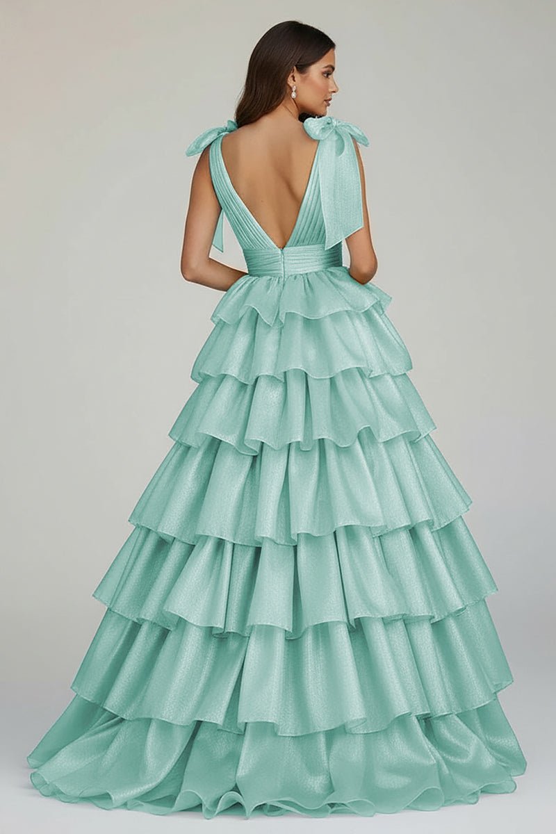 August | Glitter Tie Straps Pink Plunging Neck Tiered Long Prom Dress