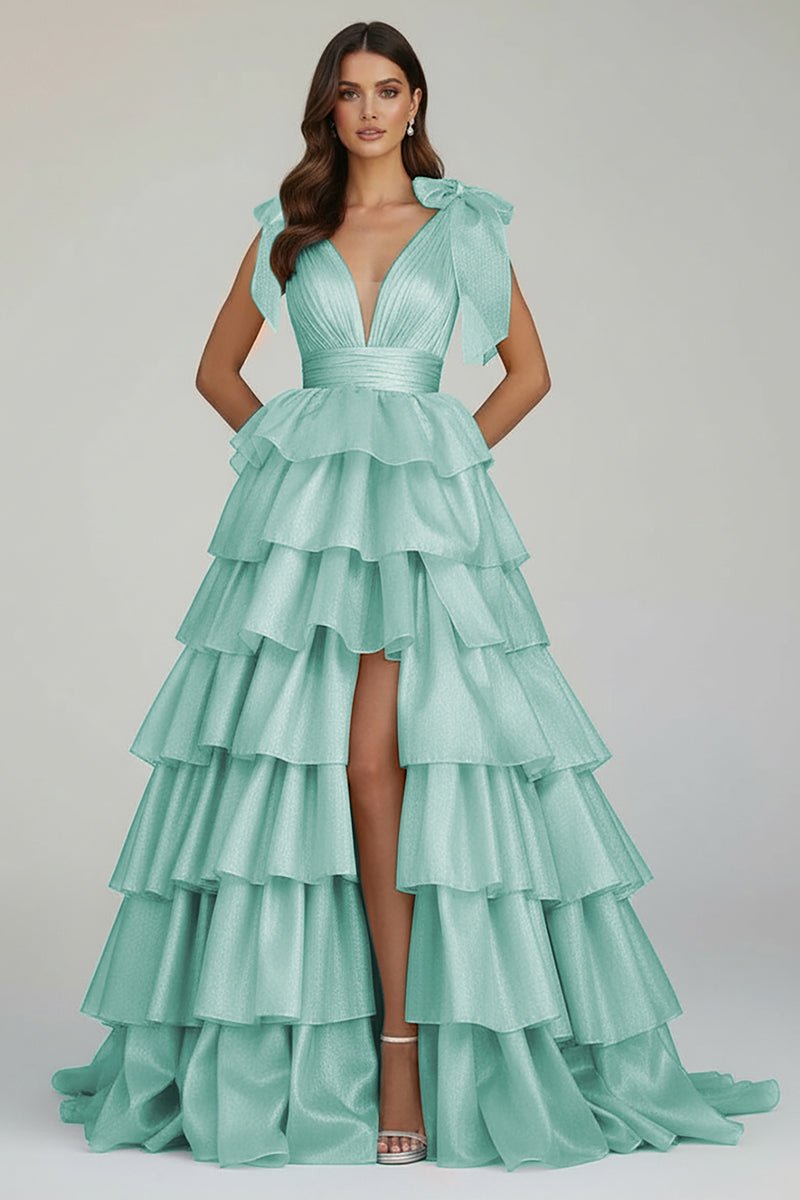 August | Glitter Tie Straps Pink Plunging Neck Tiered Long Prom Dress