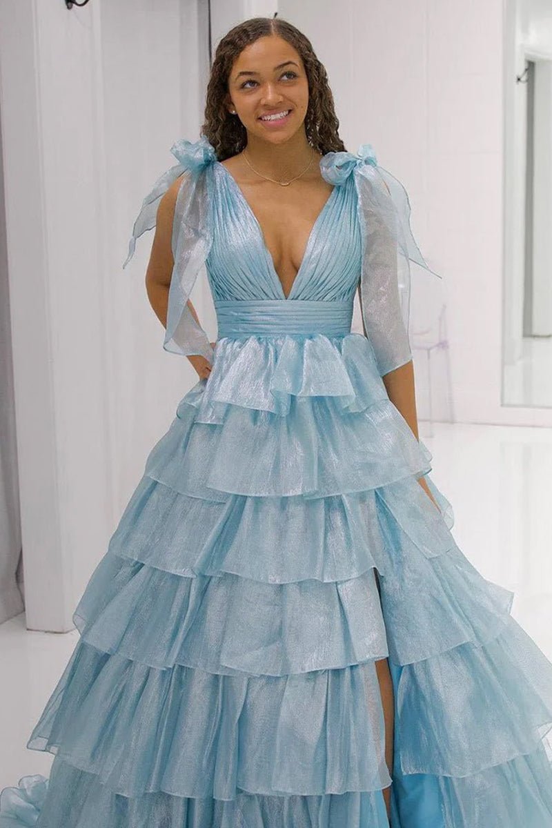 August | Glitter Tie Straps Pink Plunging Neck Tiered Long Prom Dress