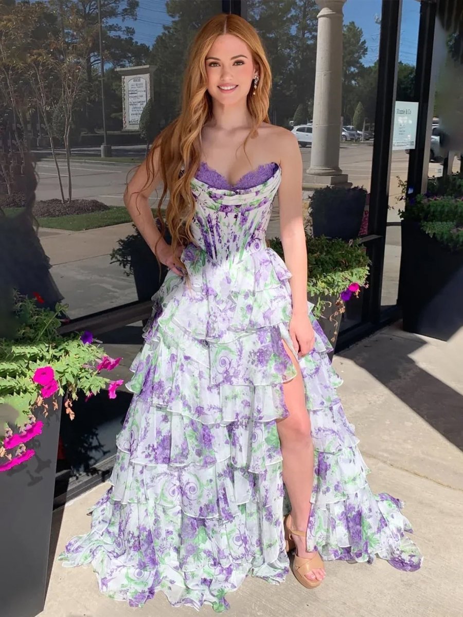 Haruko | A Line Floral Blush Tiered Chiffon Long Corset Prom Dress with Slit