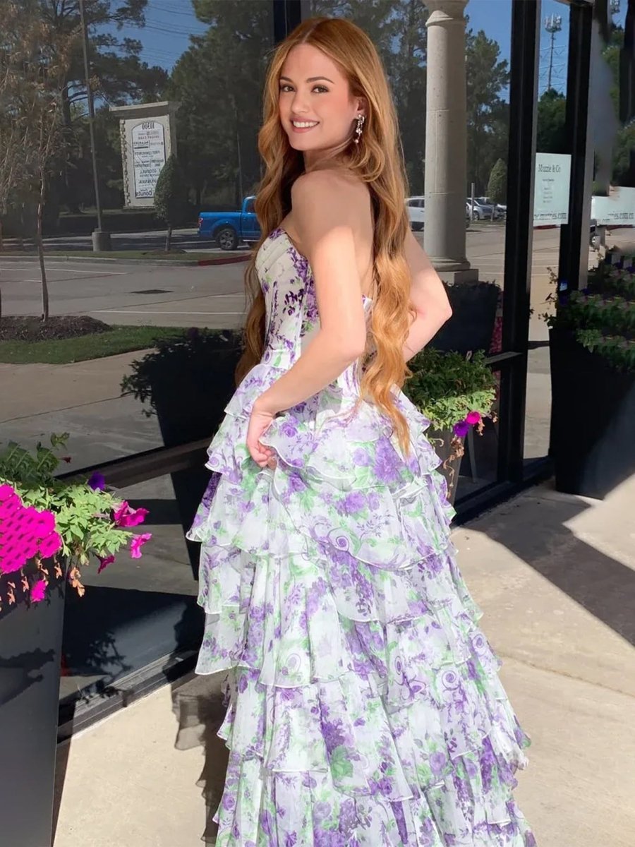 Haruko | A Line Floral Blush Tiered Chiffon Long Corset Prom Dress with Slit