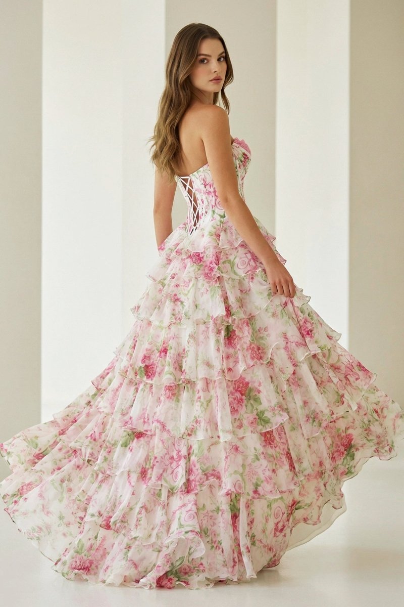 Haruko | A Line Floral Blush Tiered Chiffon Long Corset Prom Dress with Slit