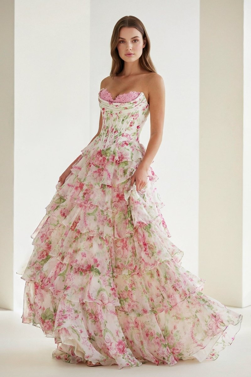 Haruko | A Line Floral Blush Tiered Chiffon Long Corset Prom Dress with Slit