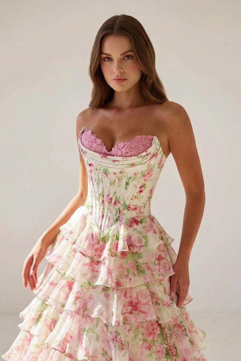 Haruko | A Line Floral Blush Tiered Chiffon Long Corset Prom Dress with Slit