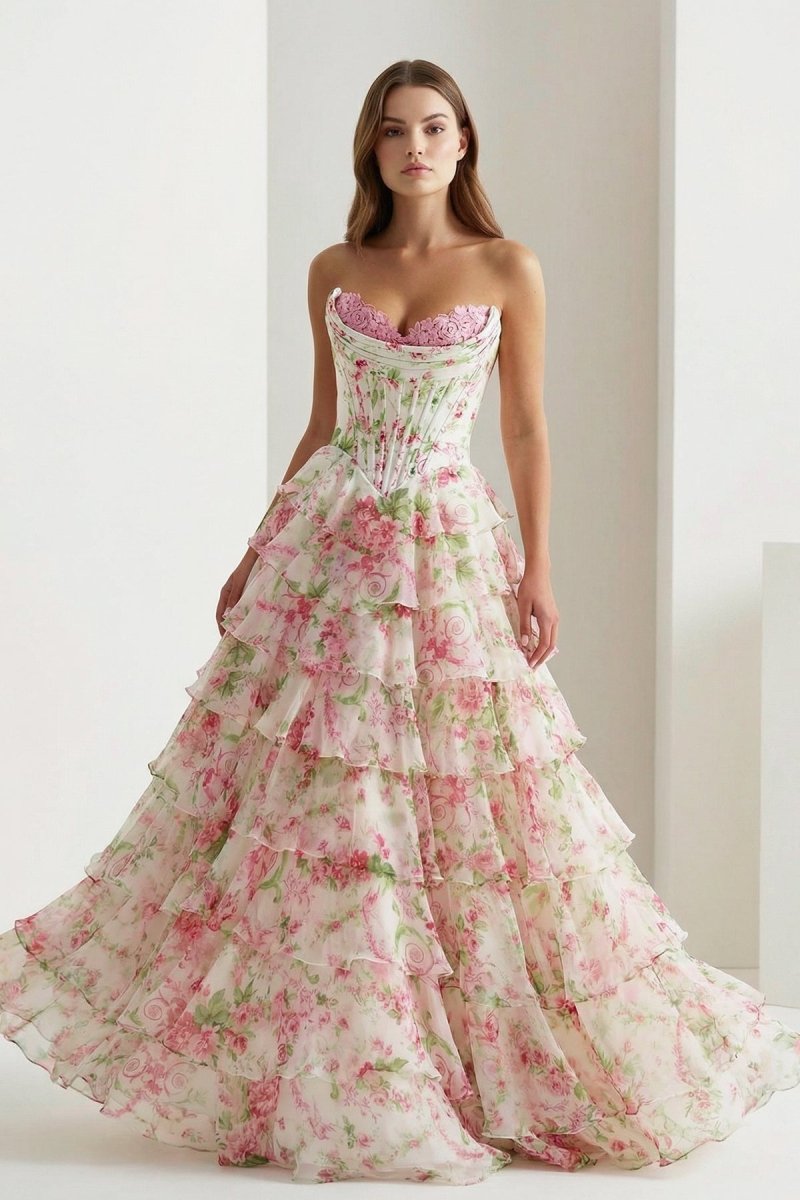 Haruko | A Line Floral Blush Tiered Chiffon Long Corset Prom Dress with Slit