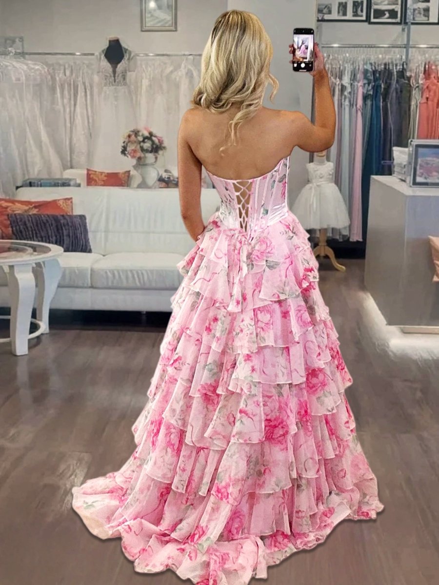 Haruko | A-Line Blush Strapless Chiffon Floral Ruffled Prom Dress With Slit