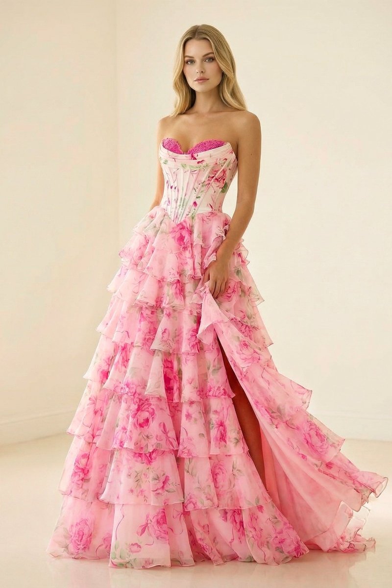 Haruko | A Line Floral Blush Tiered Chiffon Long Corset Prom Dress with Slit