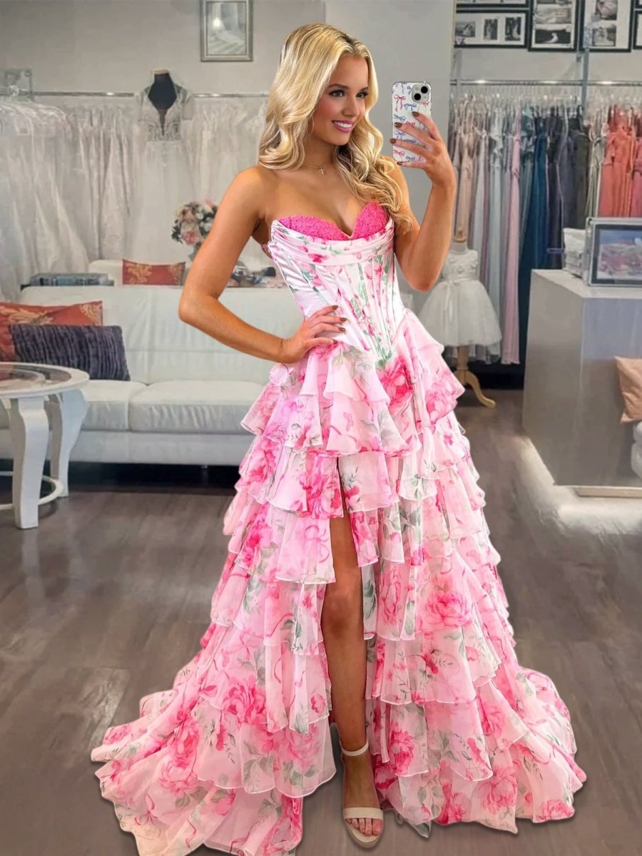 Haruko | A-Line Blush Strapless Chiffon Floral Ruffled Prom Dress With Slit