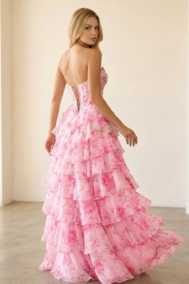 Haruko | A Line Floral Blush Tiered Chiffon Long Corset Prom Dress with Slit