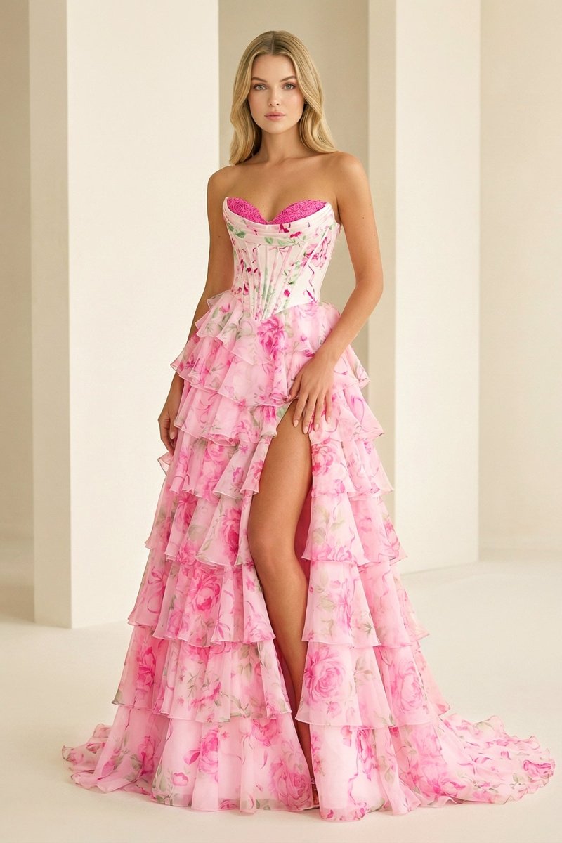 Haruko | A Line Floral Blush Tiered Chiffon Long Corset Prom Dress with Slit
