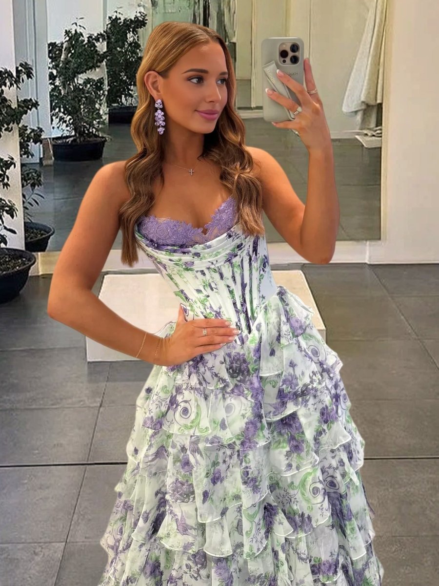 Haruko | A-Line Blush Strapless Chiffon Floral Ruffled Prom Dress With Slit