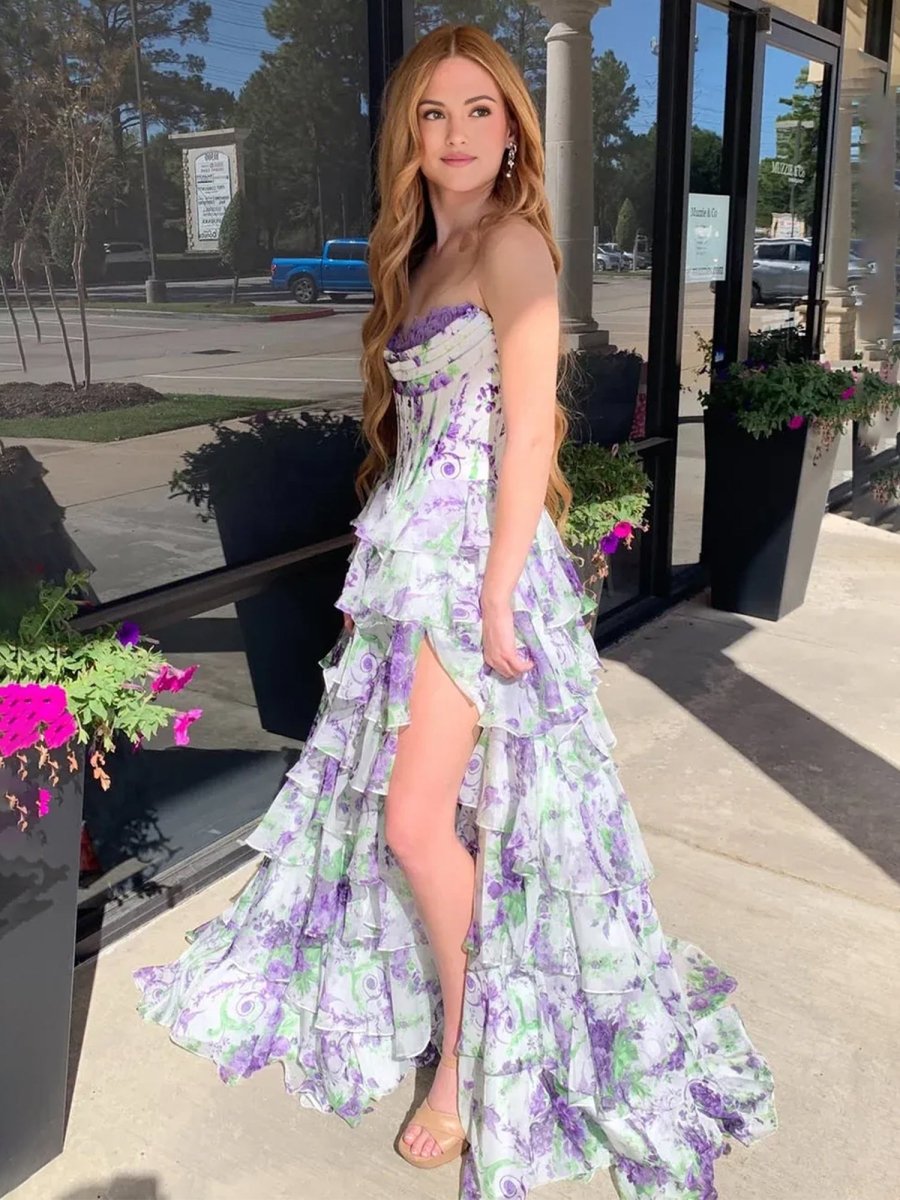 Haruko | A-Line Blush Strapless Chiffon Floral Ruffled Prom Dress With Slit