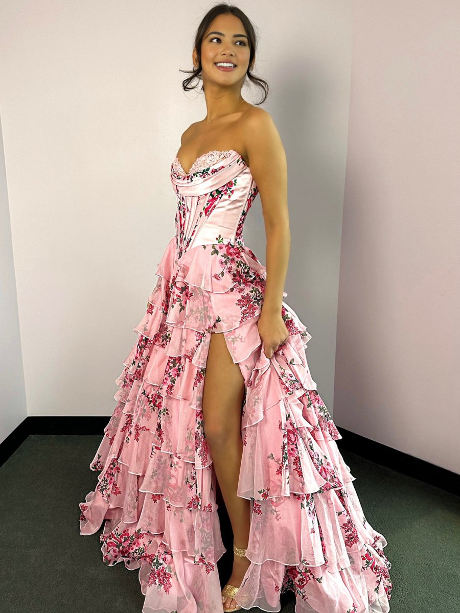 Haruko | A-Line Blush Strapless Chiffon Floral Ruffled Prom Dress With Slit