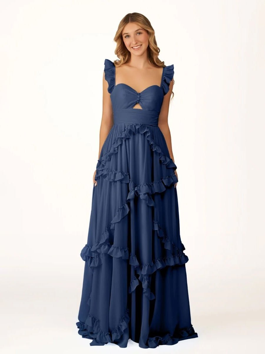 Hubery | A-Line Straps Sky Blue Chiffon Ruffles Long Prom Dress