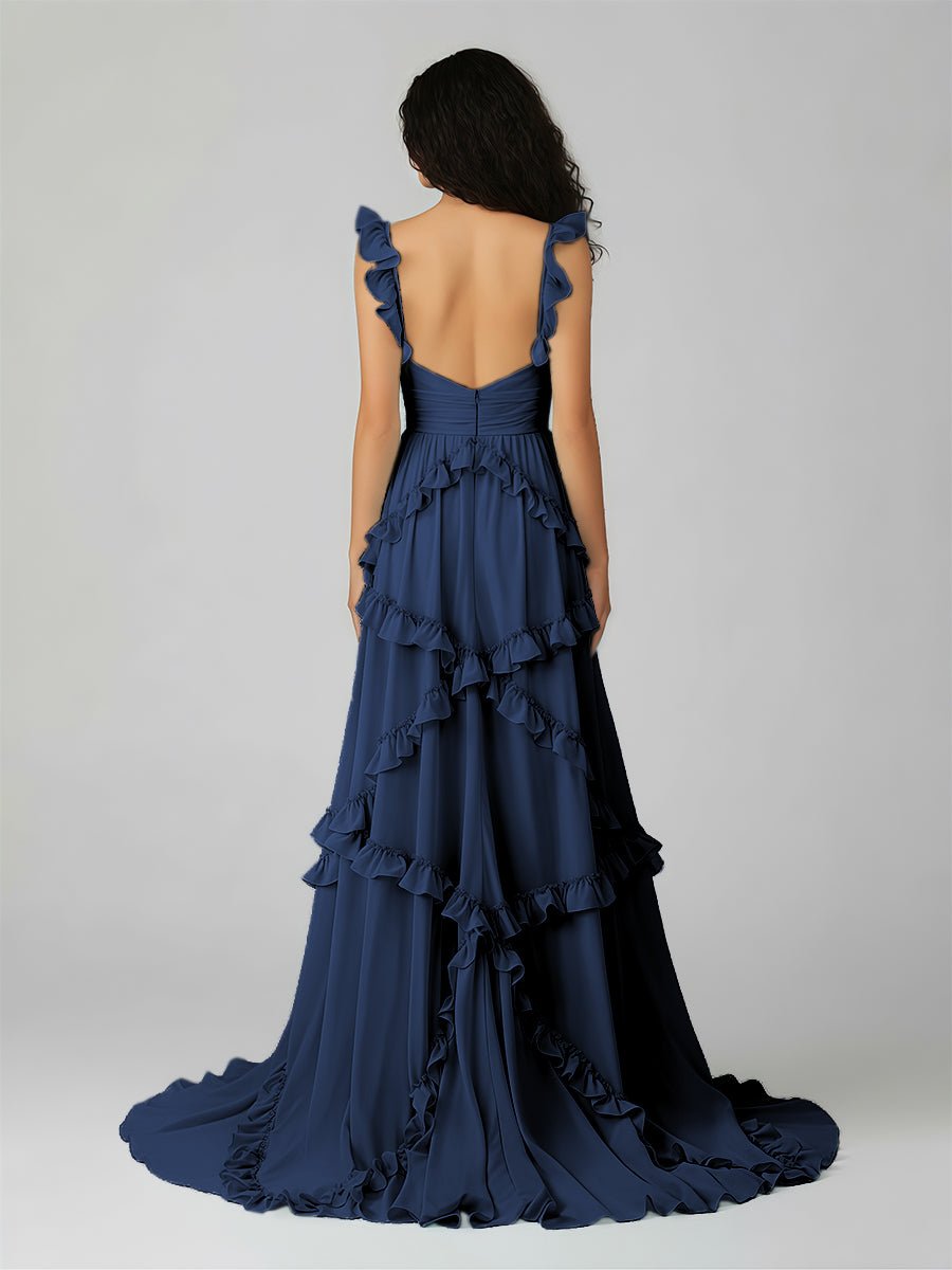 Hubery | A-Line Straps Sky Blue Chiffon Ruffles Long Prom Dress