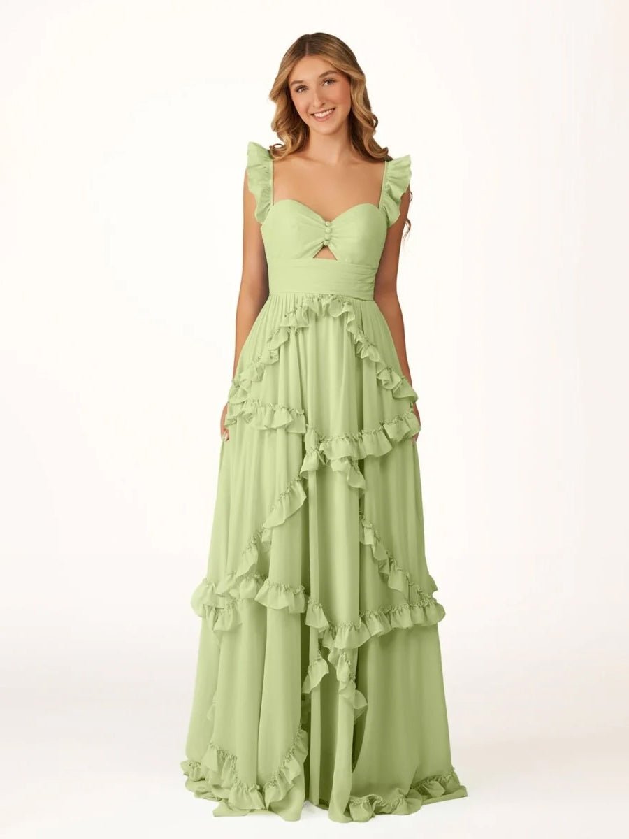 Hubery | A-Line Straps Sky Blue Chiffon Ruffles Long Prom Dress