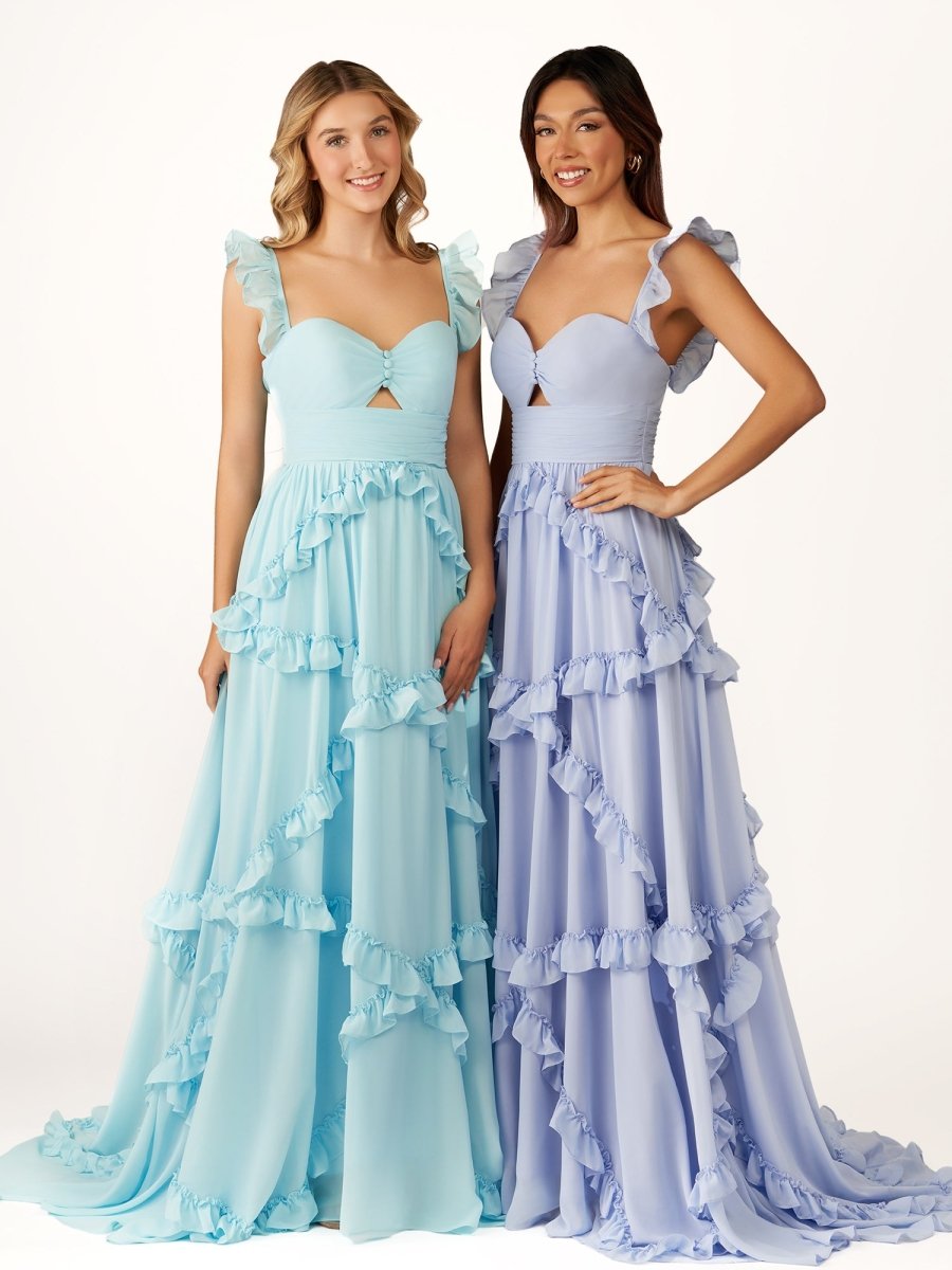 Hubery | A-Line Straps Sky Blue Chiffon Ruffles Long Prom Dress