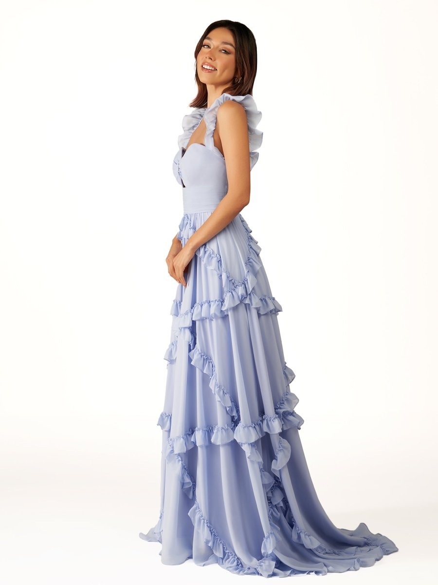 Hubery | A-Line Straps Sky Blue Chiffon Ruffles Long Prom Dress