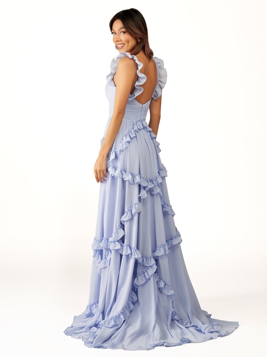 Hubery | A-Line Straps Sky Blue Chiffon Ruffles Long Prom Dress