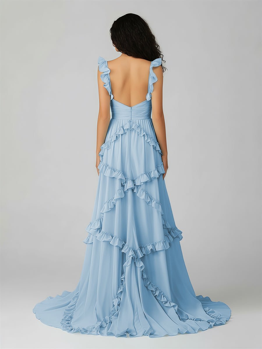 Hubery | A-Line Straps Sky Blue Chiffon Ruffles Long Prom Dress