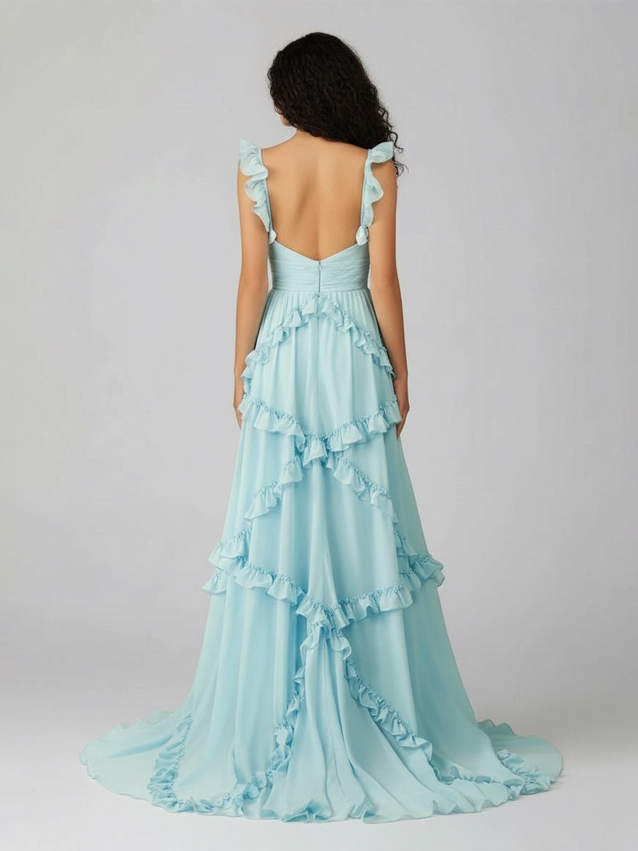 Hubery | A-Line Straps Sky Blue Chiffon Ruffles Long Prom Dress