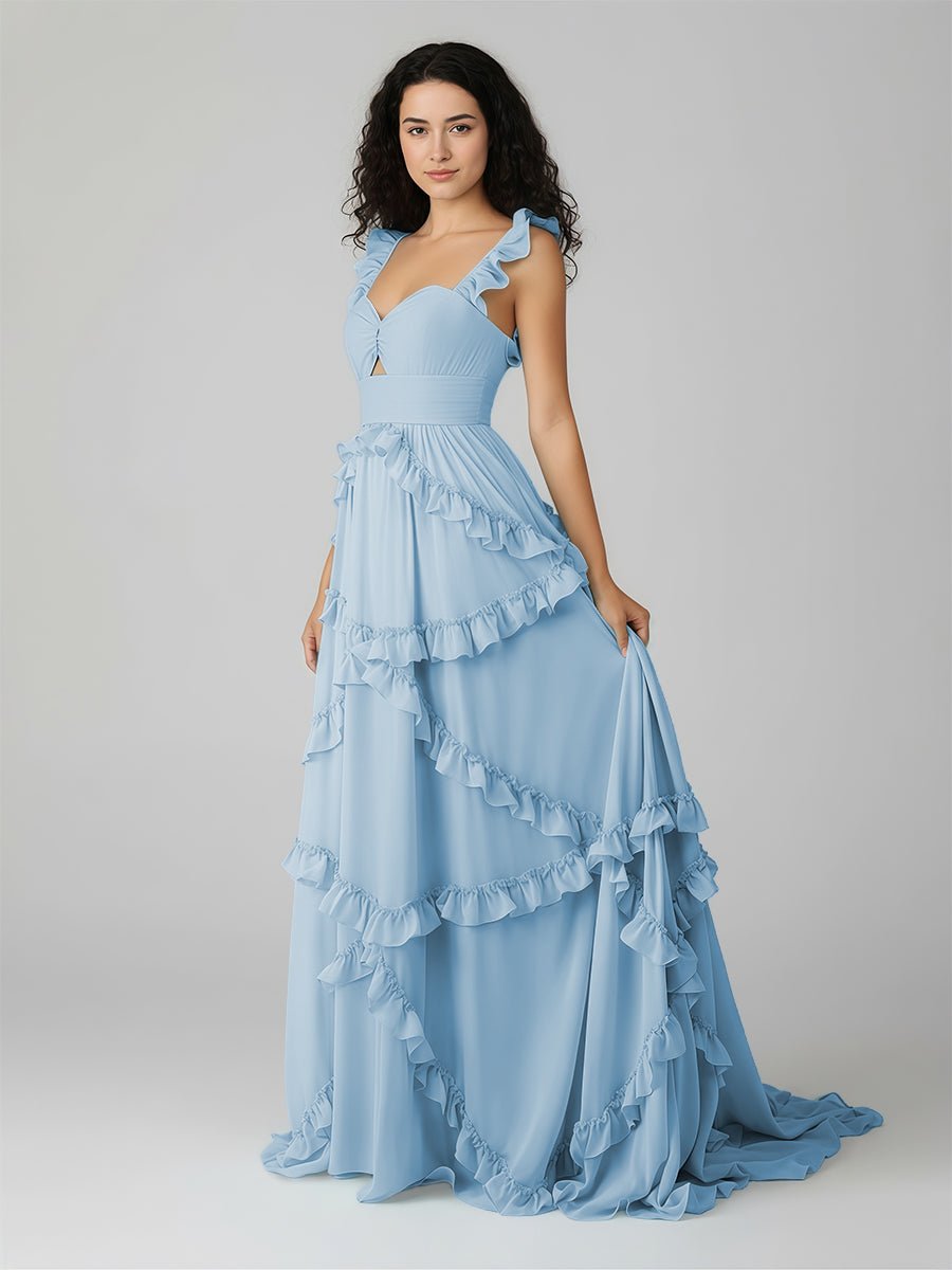 Hubery | A-Line Straps Sky Blue Chiffon Ruffles Long Prom Dress