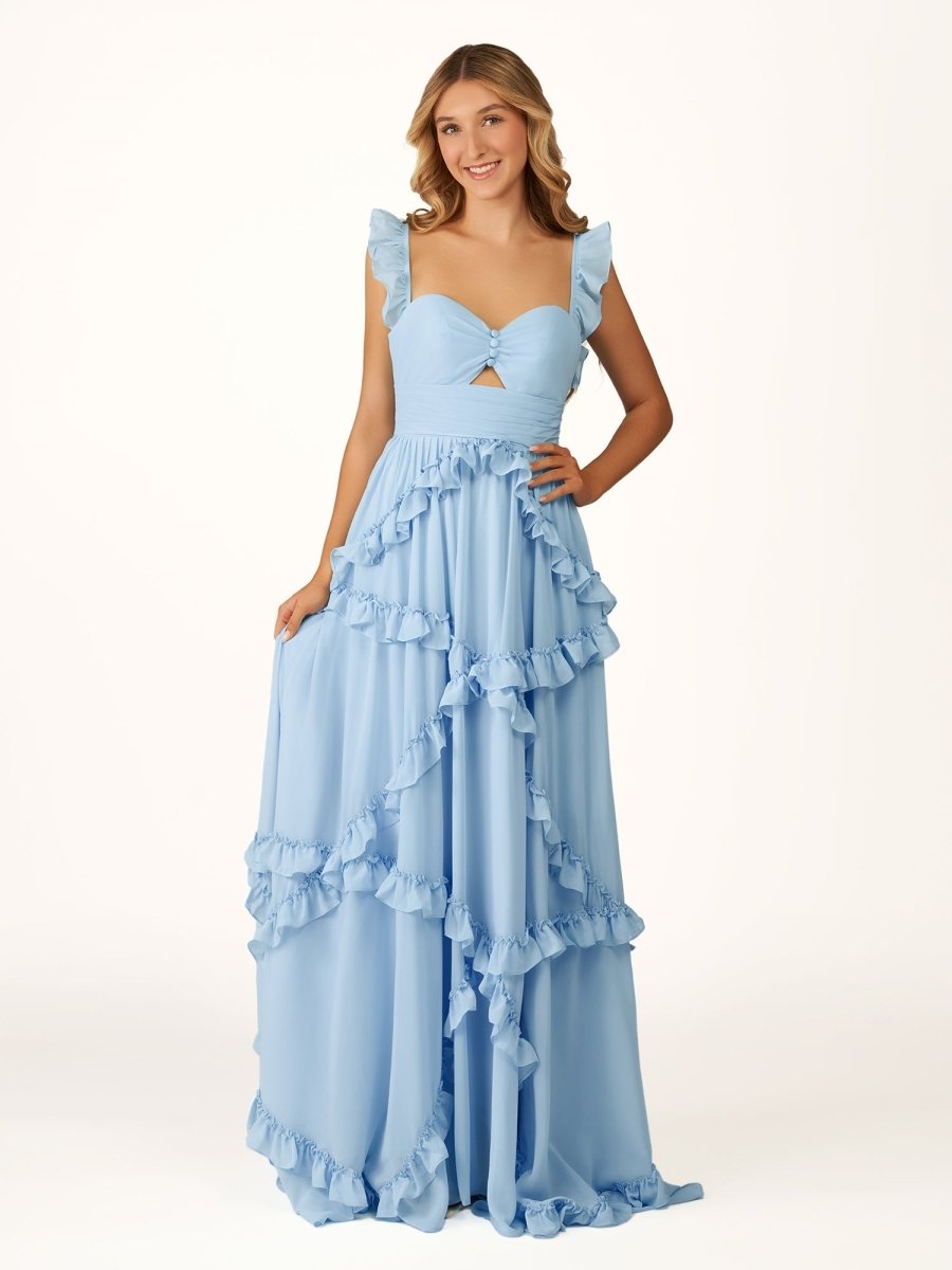 Hubery | A-Line Straps Sky Blue Chiffon Ruffles Long Prom Dress