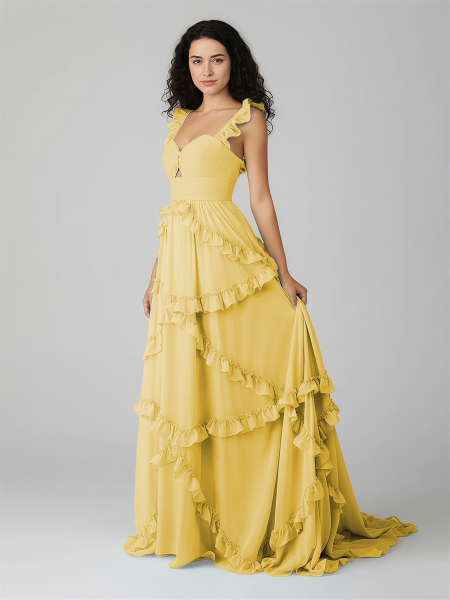 Hubery | A-Line Straps Sky Blue Chiffon Ruffles Long Prom Dress