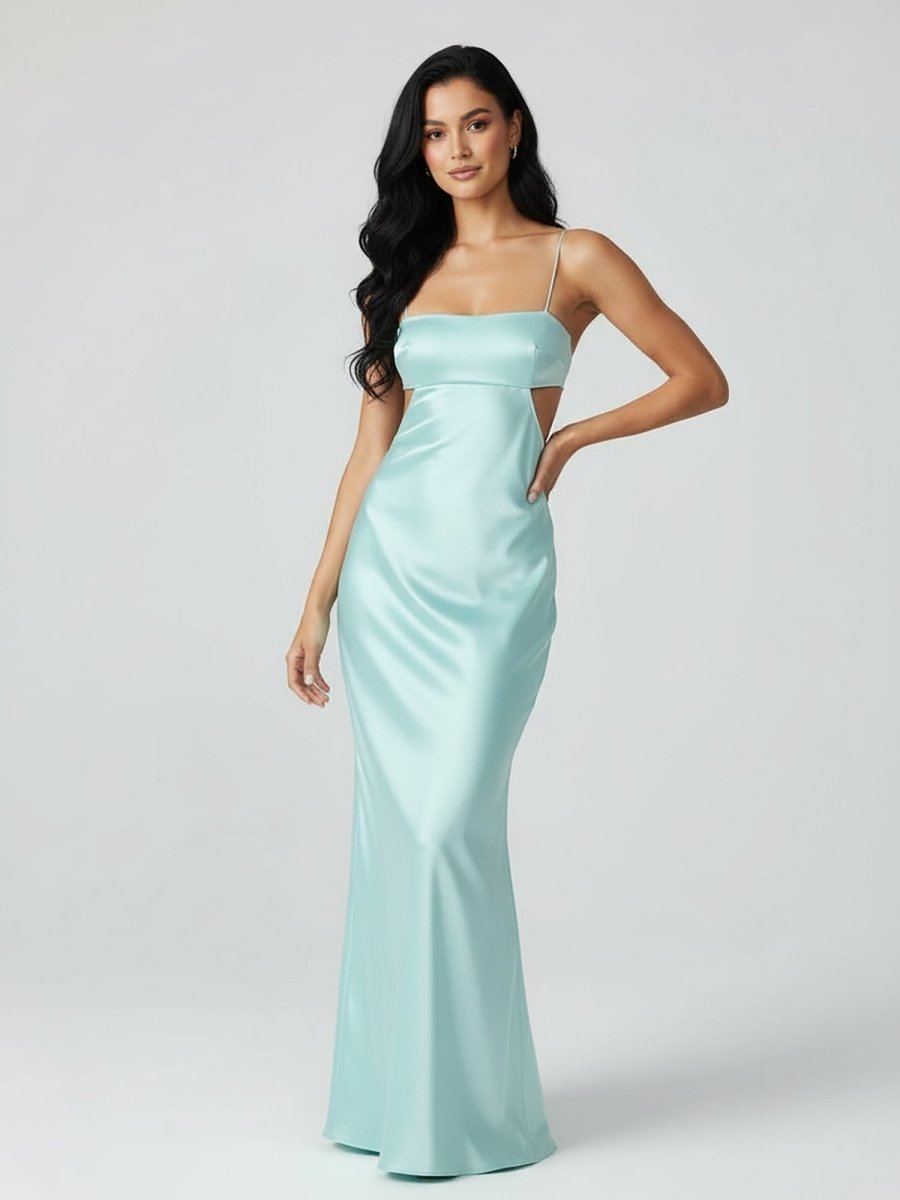 Jelissa | Spaghetti Straps Sheath Aqua Blue Prom Dress Formal Satin Party Dress