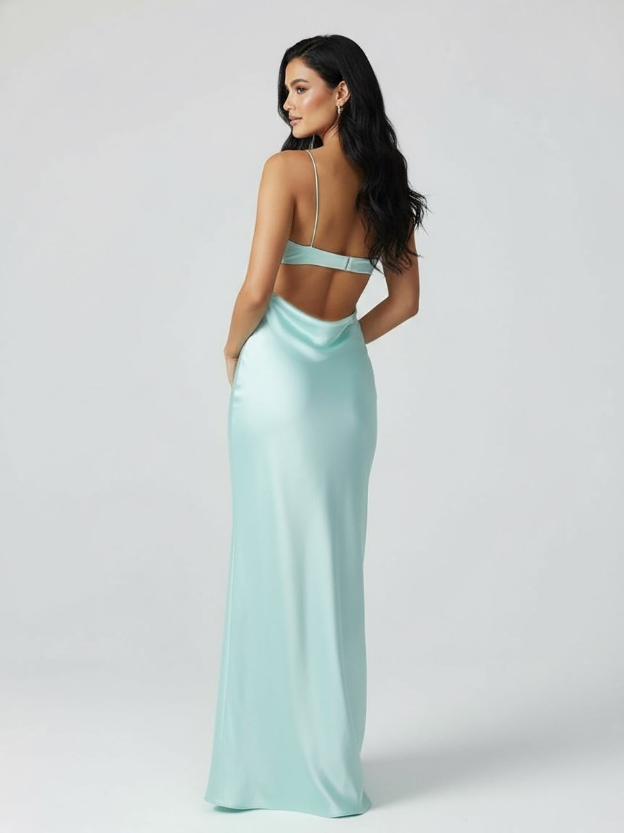 Jelissa | Spaghetti Straps Sheath Aqua Blue Prom Dress Formal Satin Party Dress