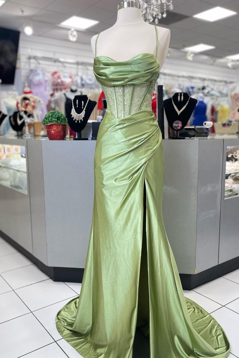 Jeni | Sage Scoop Neck Satin Mermaid Long Prom Dress with Slit