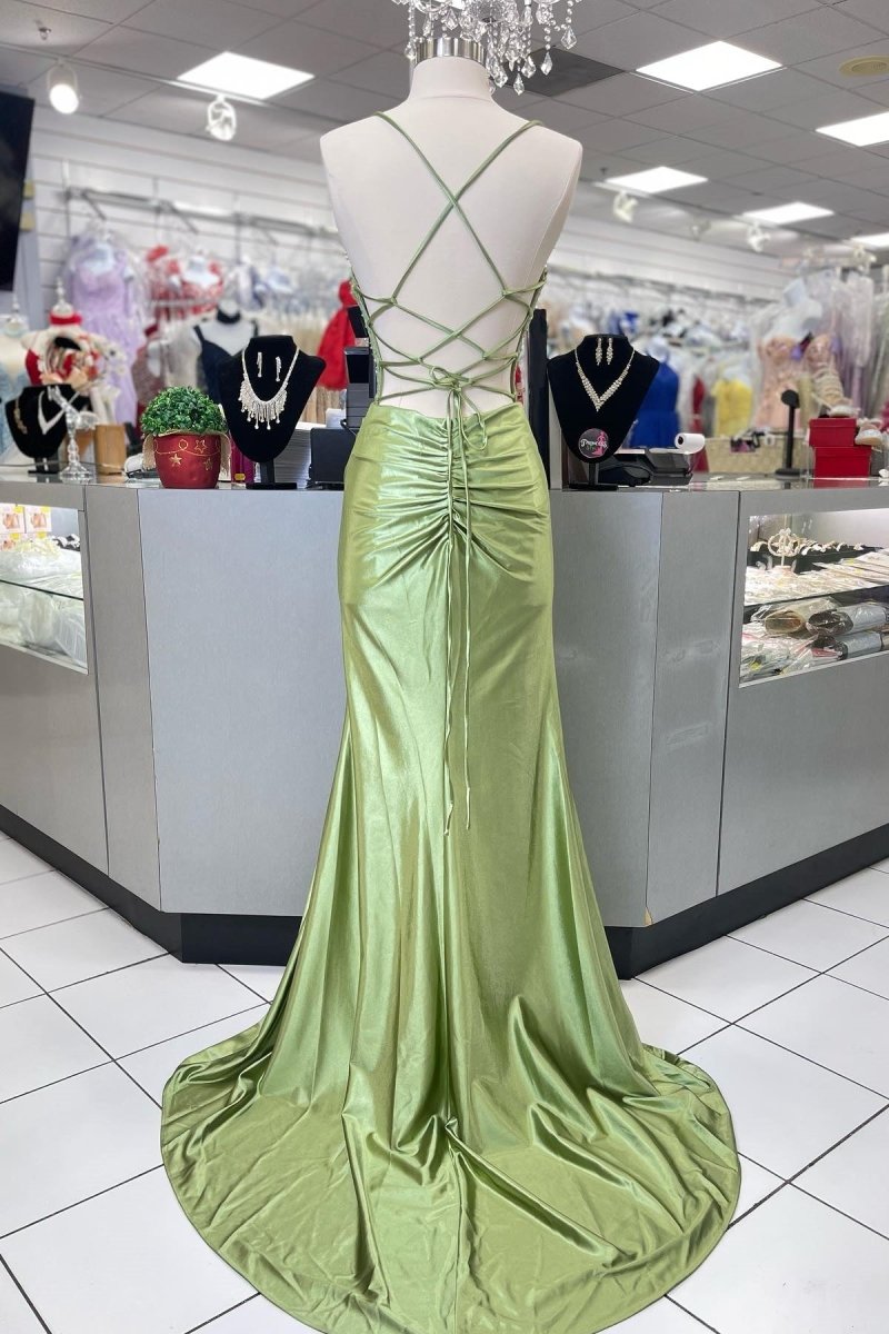 Jeni | Sage Scoop Neck Satin Mermaid Long Prom Dress with Slit
