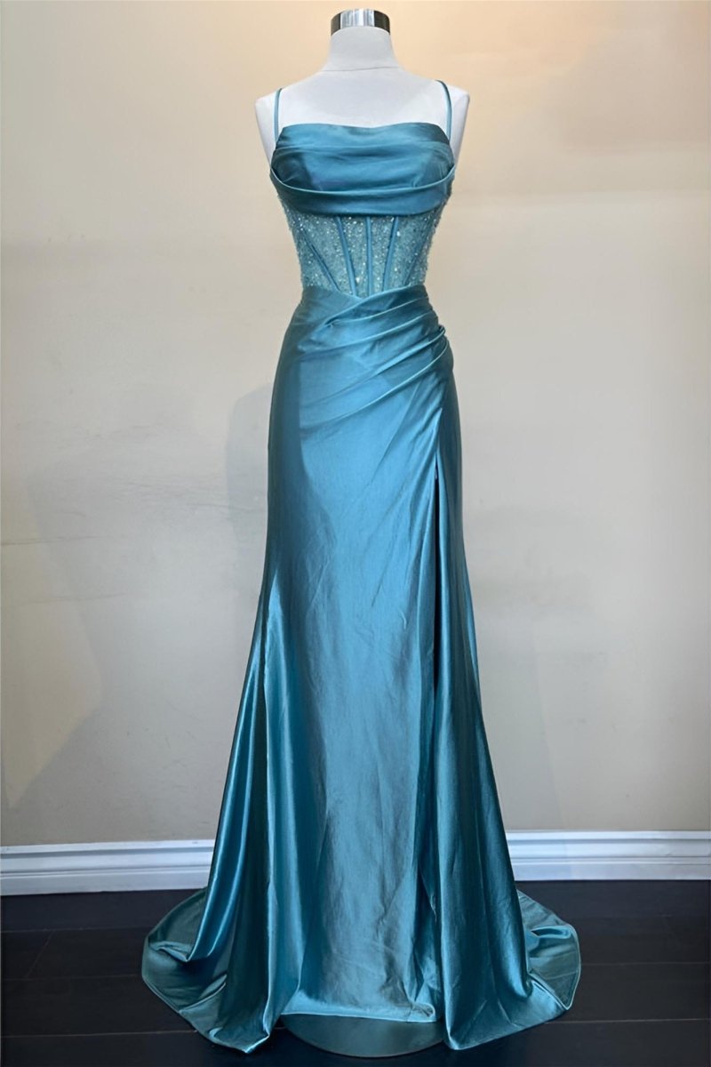 Jeni | Sage Scoop Neck Satin Mermaid Long Prom Dress with Slit