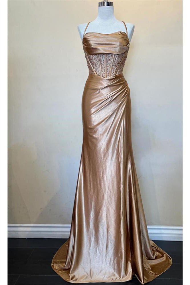 Jeni | Sage Scoop Neck Satin Mermaid Long Prom Dress with Slit
