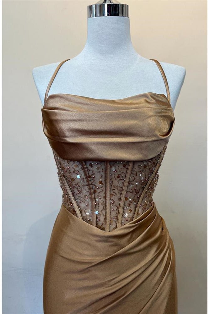 Jeni | Sage Scoop Neck Satin Mermaid Long Prom Dress with Slit