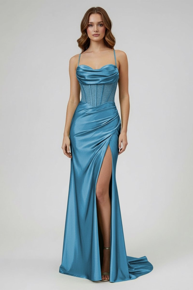 Jeni | Sage Scoop Neck Satin Mermaid Long Prom Dress with Slit