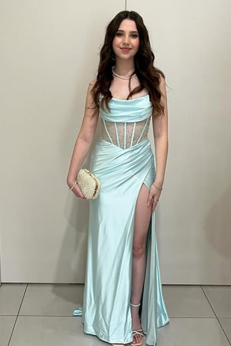 Jeni | Sage Scoop Neck Satin Mermaid Long Prom Dress with Slit