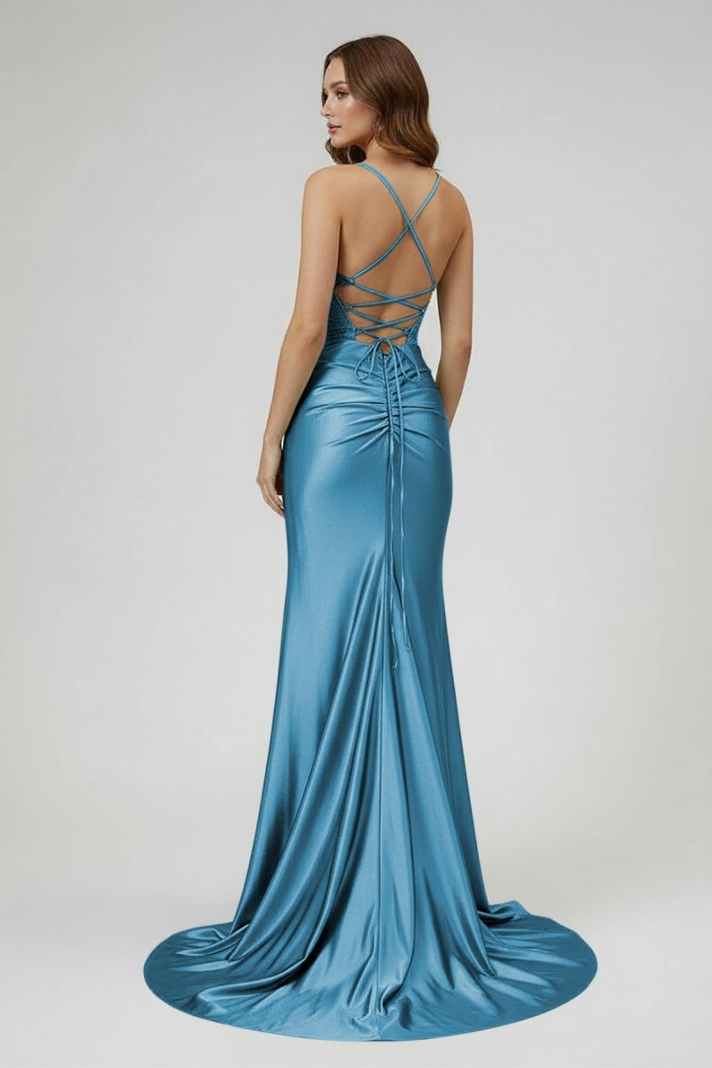 Jeni | Sage Scoop Neck Satin Mermaid Long Prom Dress with Slit