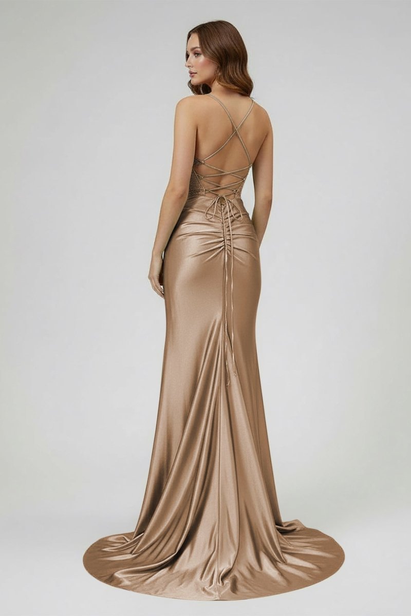 Jeni | Sage Scoop Neck Satin Mermaid Long Prom Dress with Slit