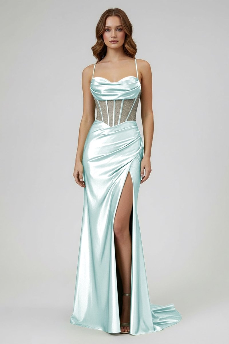 Jeni | Sage Scoop Neck Satin Mermaid Long Prom Dress with Slit