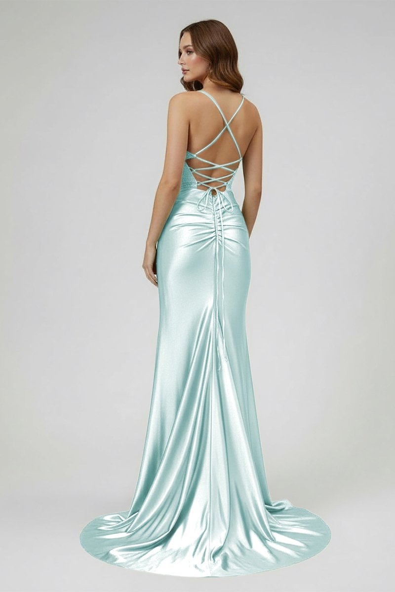 Jeni | Sage Scoop Neck Satin Mermaid Long Prom Dress with Slit