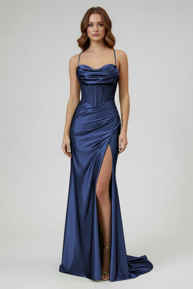 Jeni | Sage Scoop Neck Satin Mermaid Long Prom Dress with Slit