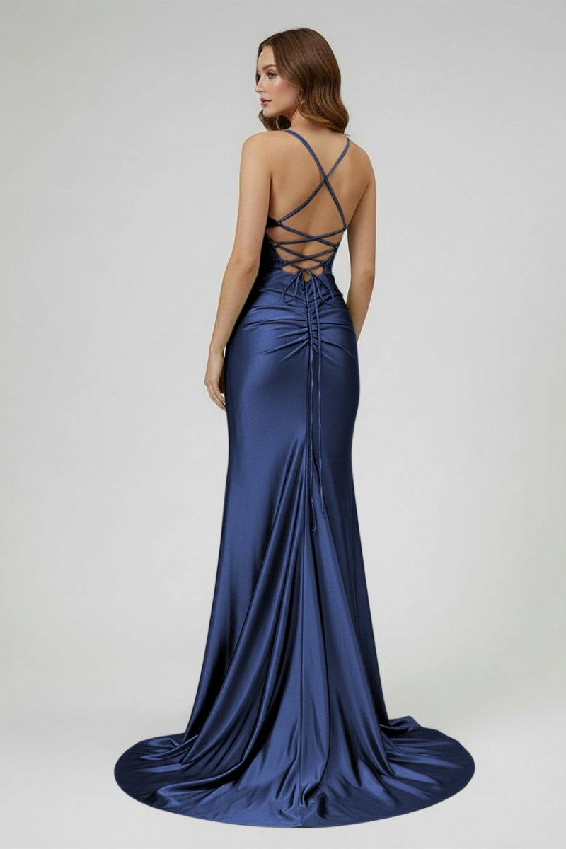 Jeni | Sage Scoop Neck Satin Mermaid Long Prom Dress with Slit