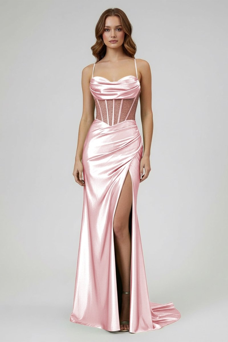 Jeni | Sage Scoop Neck Satin Mermaid Long Prom Dress with Slit