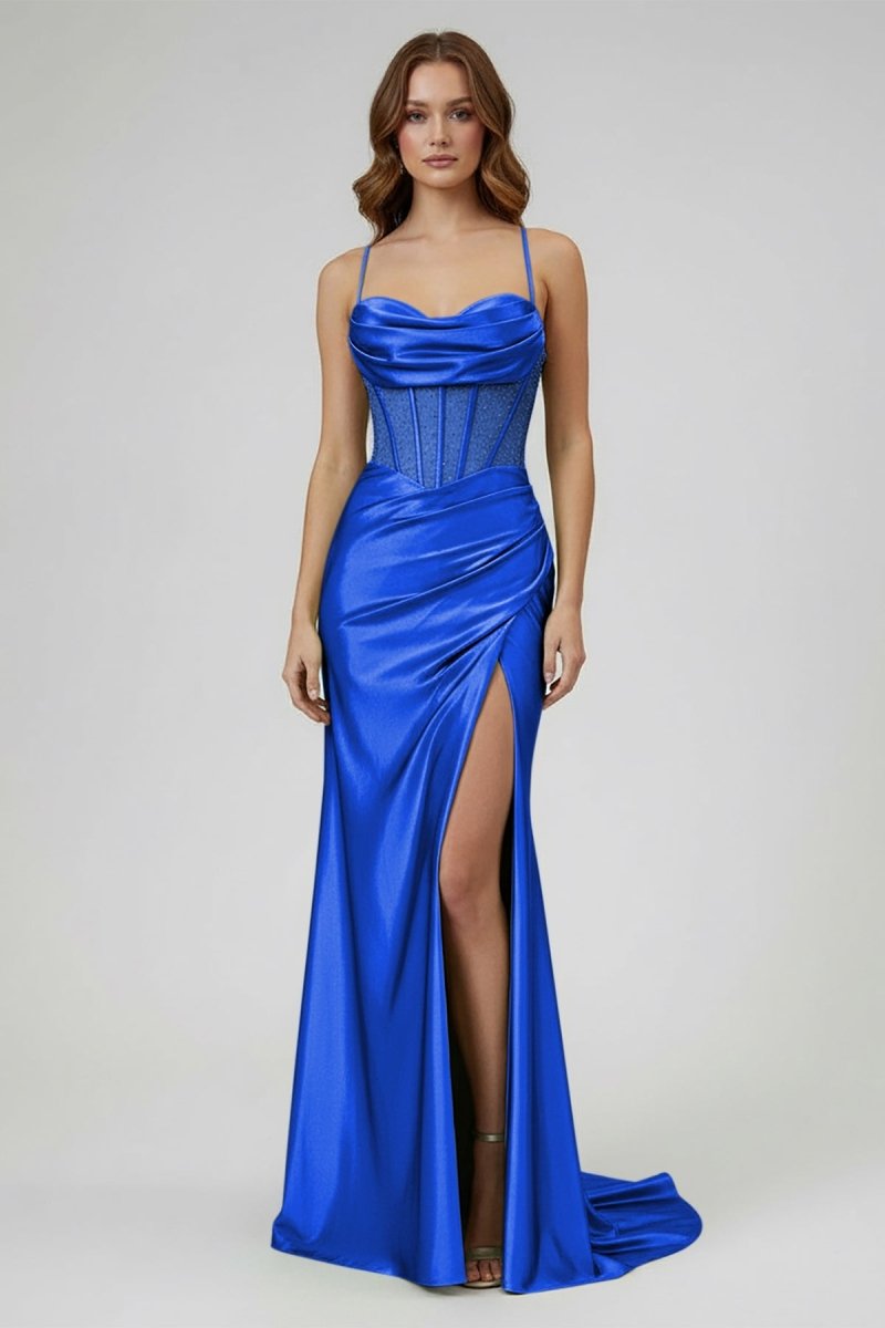 Jeni | Sage Scoop Neck Satin Mermaid Long Prom Dress with Slit