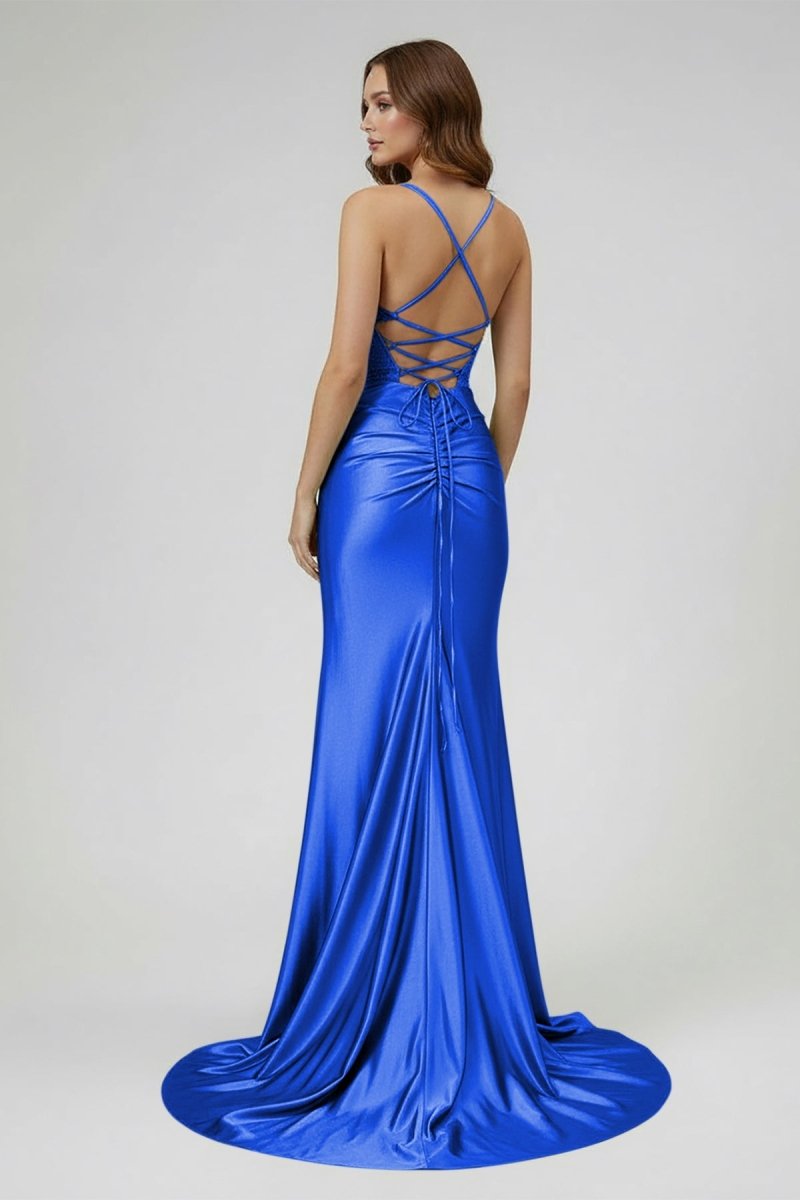 Jeni | Sage Scoop Neck Satin Mermaid Long Prom Dress with Slit